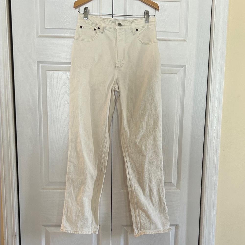 Abercrombie & Fitch “90s straight ultra high-rise” cream/white jean, slit bottom
